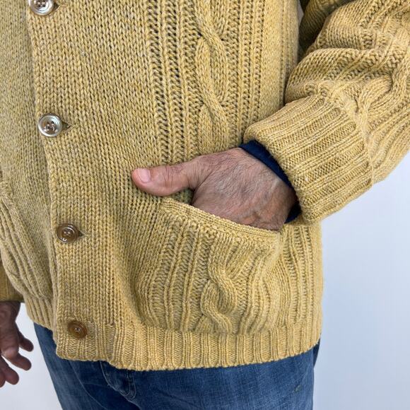 Vintage Alan Paine Shetland Wool Cable Knit Cardigan Camel Tan Winter - Picture 2 of 8
